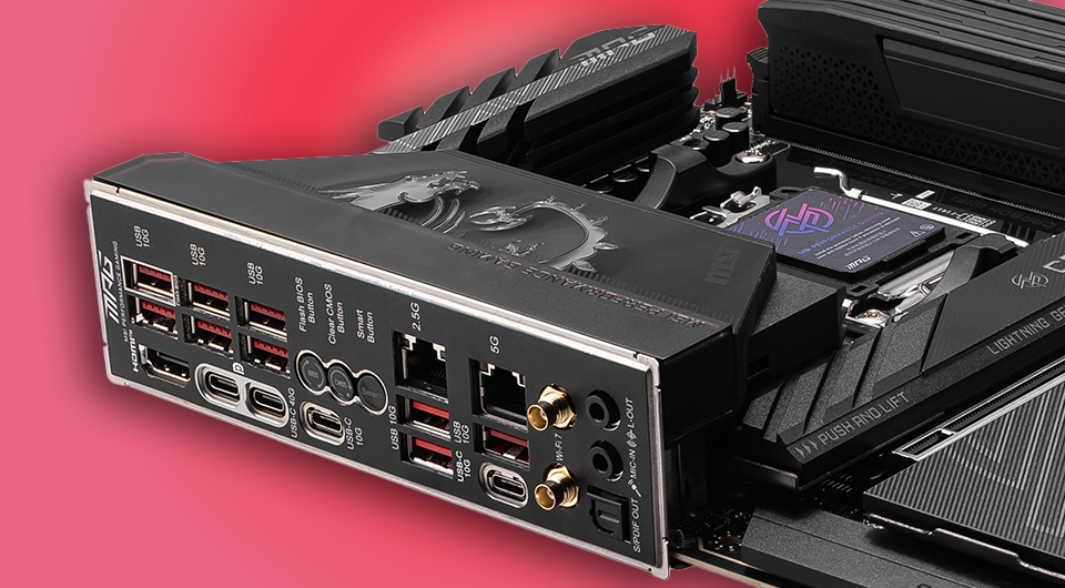 Close-up of MSI X870E motherboard ports, including Wi-Fi 7, USB4 ports, PCIe Gen 5 slots, and TriLink compatibility